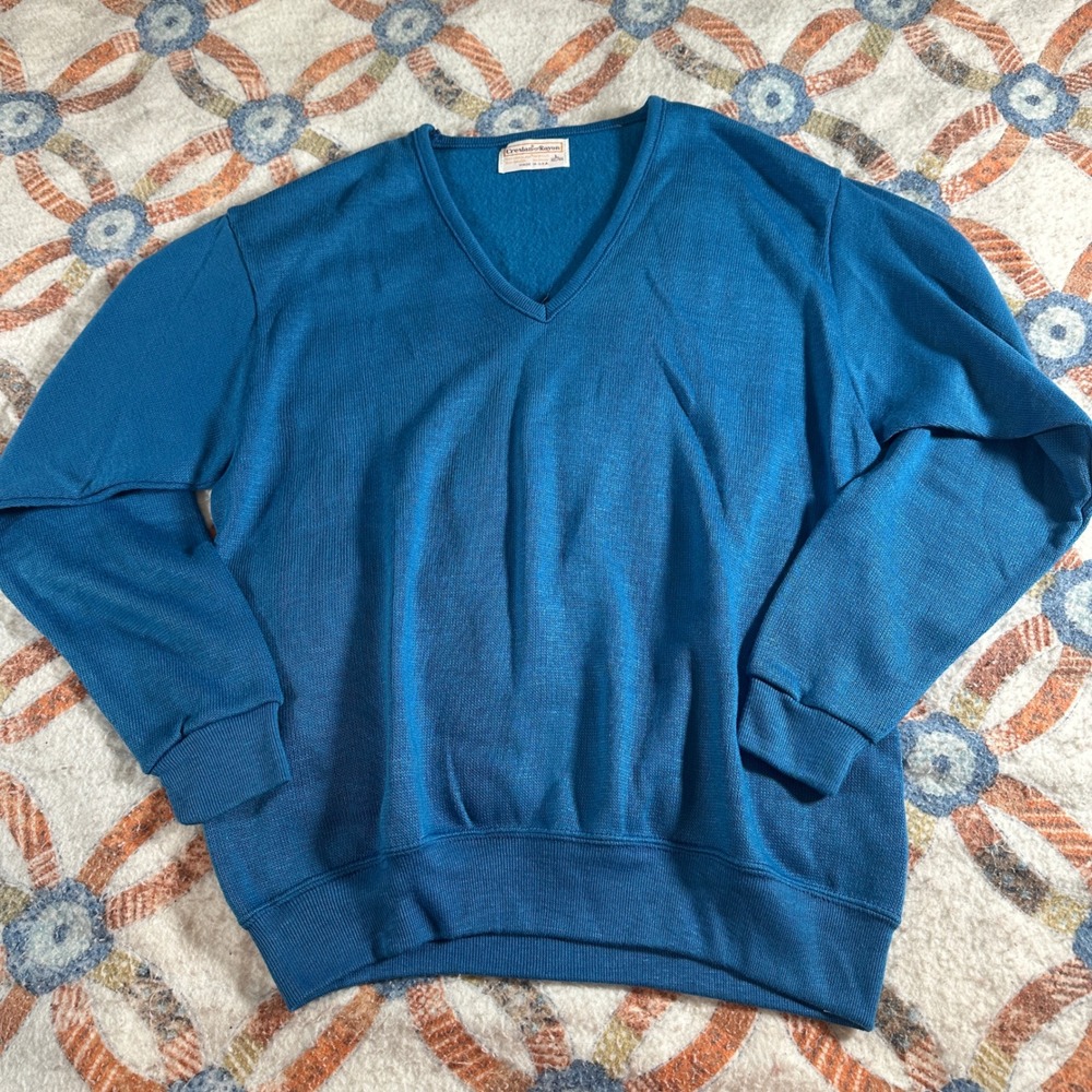 True‎ Vintage 60's Creslan Rayon Sweater Large Blue Knit Pullover Made in USA